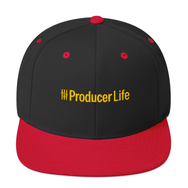 classic-snapback-black-red-front-6acc18dcef6bb.webp Producer Life Gold Logo Snapback Hat