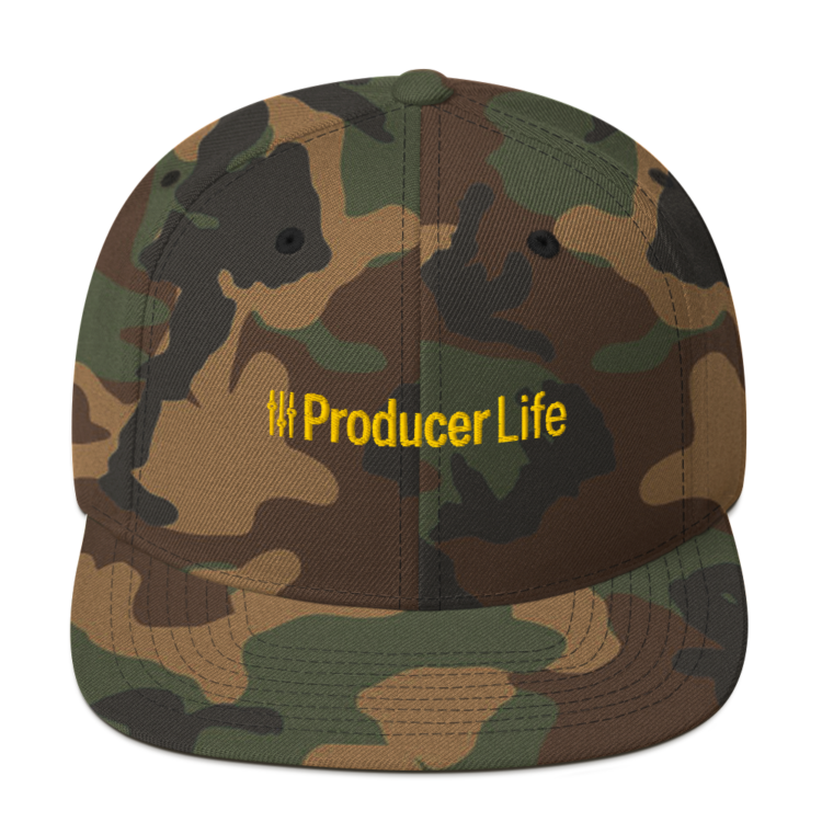 classic-snapback-green-camo-front-6acc18dcf18fb.webp Producer Life Gold Logo Snapback Hat