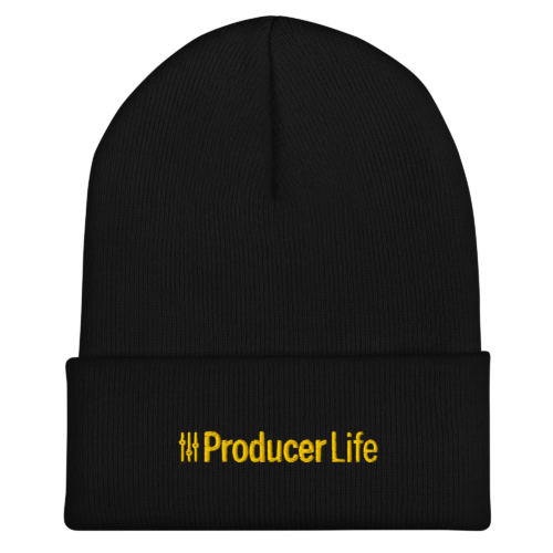 cuffed-beanie-black-front-6acb93b76a51d.webp Producer Life Gold Logo Cuffed Beanie
