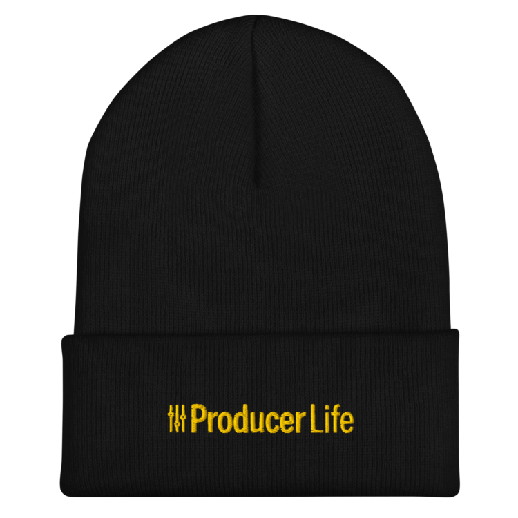 cuffed-beanie-black-front-6acb93b76a51d.webp Producer Life Gold Logo Cuffed Beanie