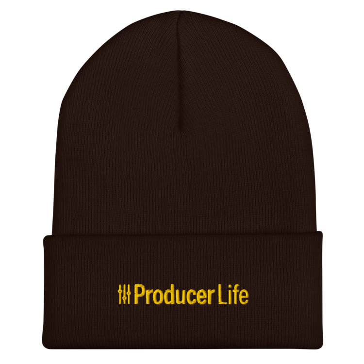 cuffed-beanie-brown-front-6acb93b76b203.webp Producer Life Gold Logo Cuffed Beanie