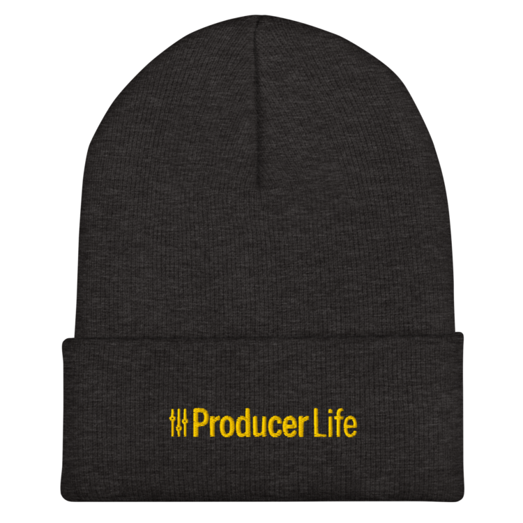 cuffed-beanie-dark-grey-front-6acb93b76b237.webp Producer Life Gold Logo Cuffed Beanie