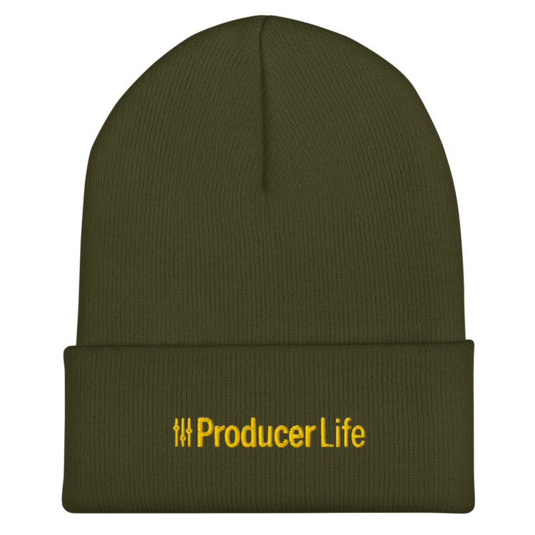 cuffed-beanie-olive-front-6acb93b76b258.webp Producer Life Gold Logo Cuffed Beanie