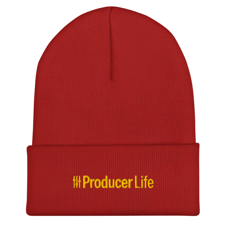 cuffed-beanie-red-front-6acb93b76b275.webp Producer Life Gold Logo Cuffed Beanie