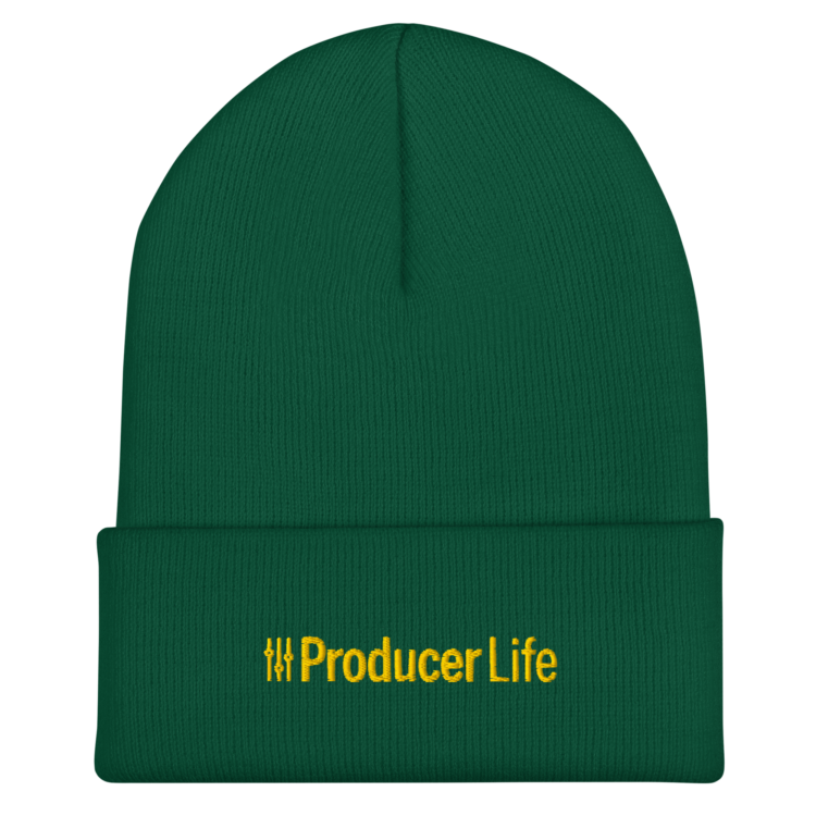 cuffed-beanie-spruce-front-6acb93b76b2ab.webp Producer Life Gold Logo Cuffed Beanie