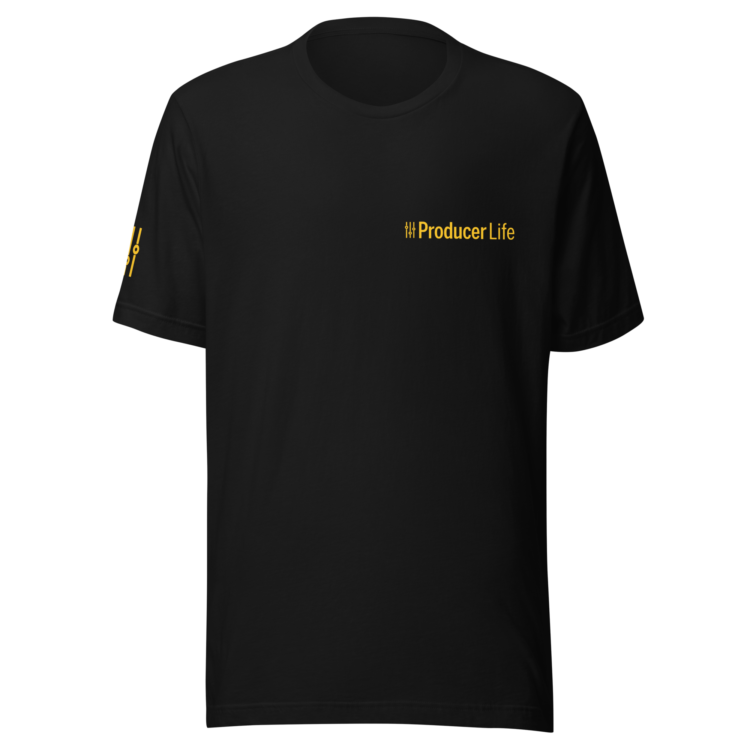 unisex-staple-t-shirt-black-front-6acb879fc53e0.webp Producer Life Gold Logo Unisex Staple T-Shirt | Bella