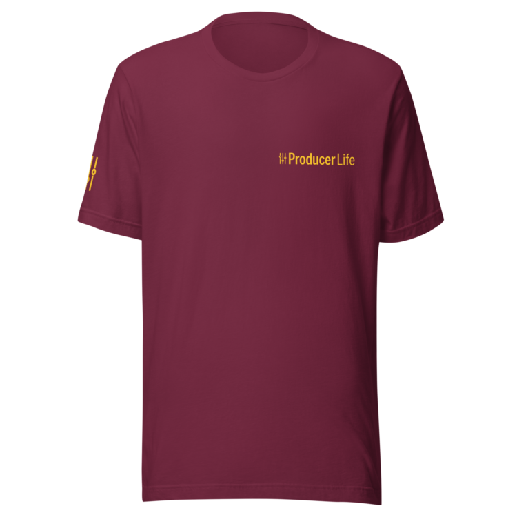 unisex-staple-t-shirt-maroon-front-6acb879fc8ddc.webp Producer Life Gold Logo Unisex Staple T-Shirt | Bella