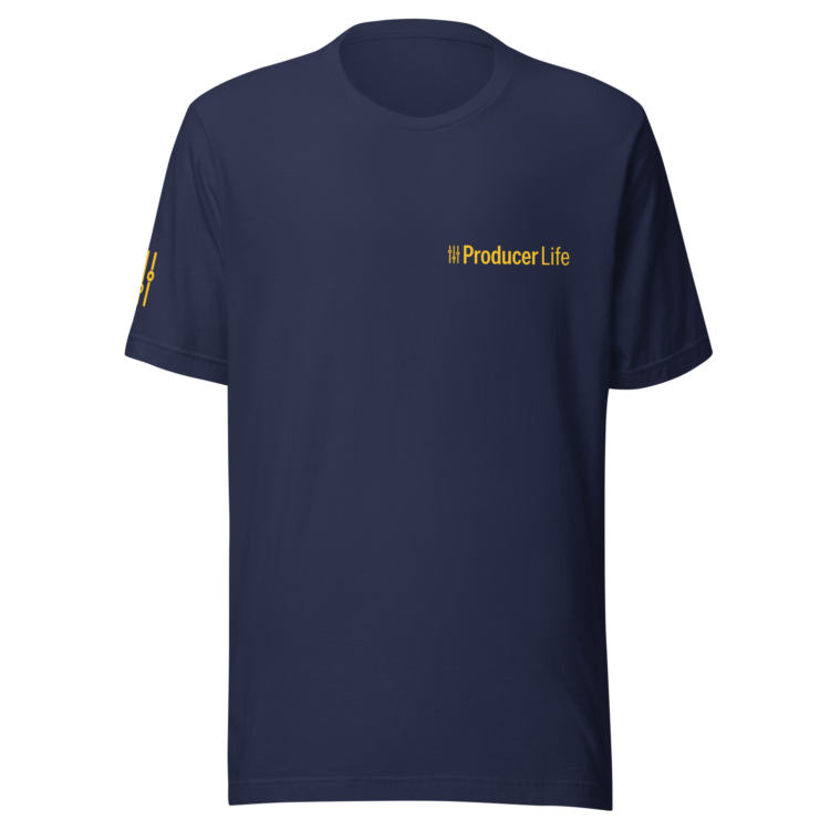 unisex-staple-t-shirt-navy-front-6acb879fc9b52.webp Producer Life Gold Logo Unisex Staple T-Shirt | Bella